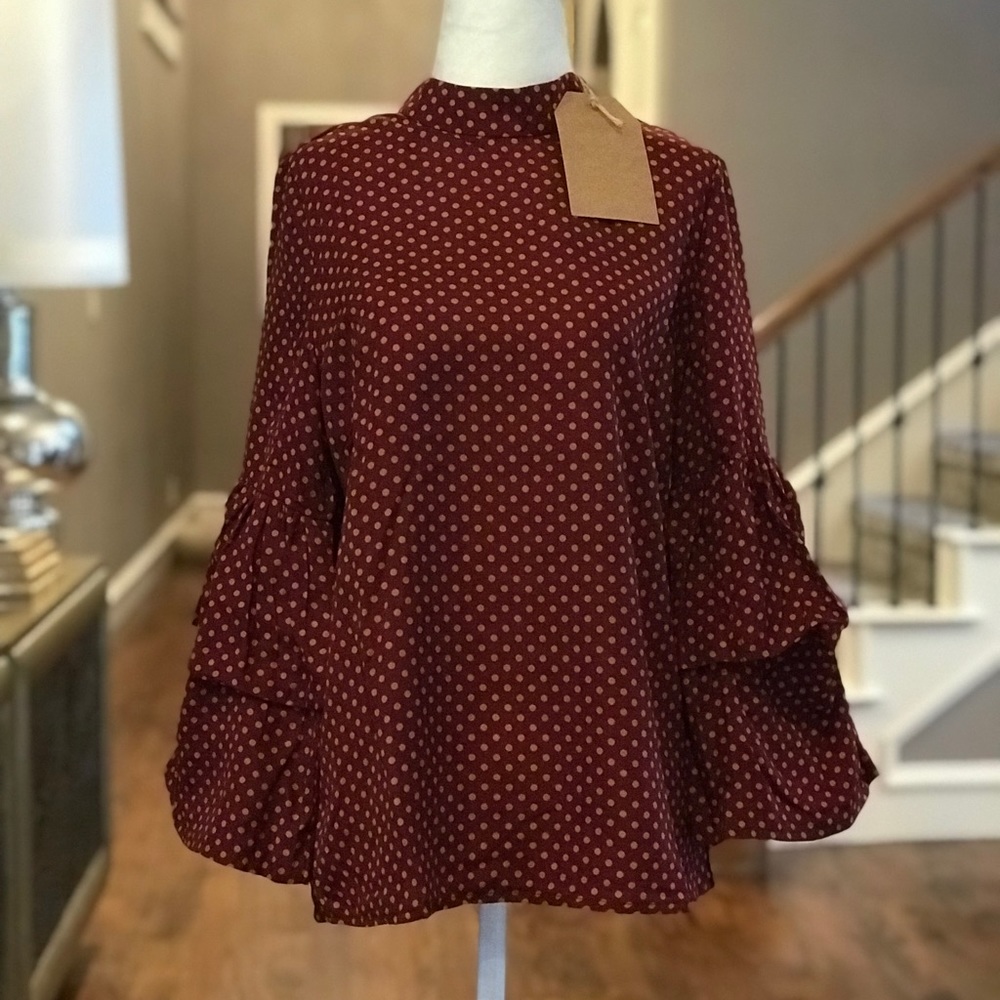 Maple Polka Dot Tiered Puff Ruffle Sleeve Blouse - Picture 6 of 8